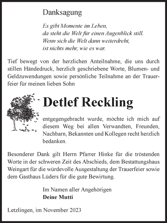Traueranzeige von Detlef Reckling von Volksstimme Altmark West