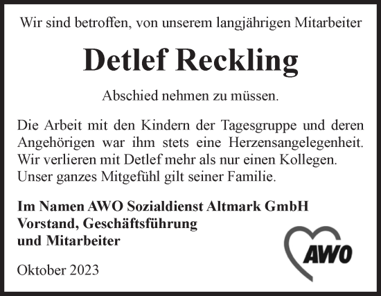 Traueranzeige von Detlef Reckling von Volksstimme Altmark West