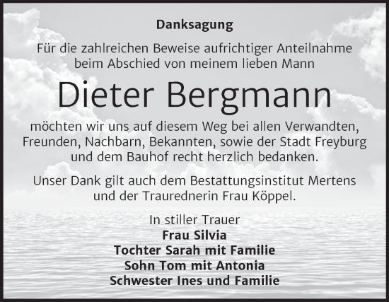 Traueranzeige von Dieter Bergmann von Wochenspiegel Naumburg/Nebra