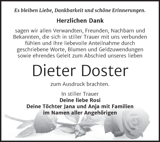 Traueranzeige von Dieter Doster von Trauerkombi Wittenberg