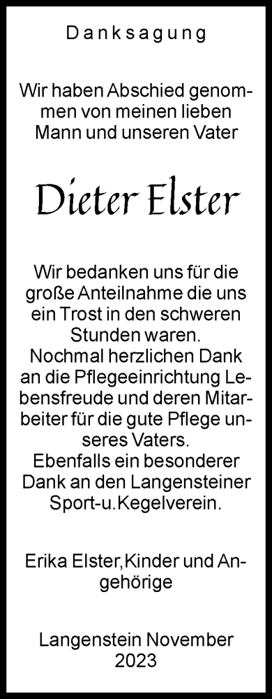 Traueranzeige von Dieter Elster von Volksstimme Halberstadt