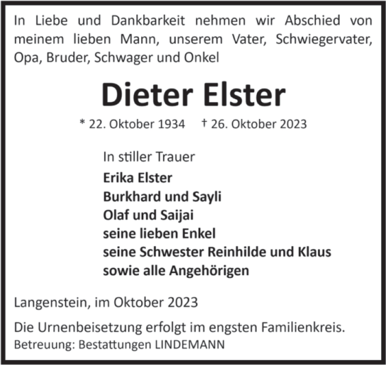 Traueranzeige von Dieter Elster von Volksstimme Halberstadt