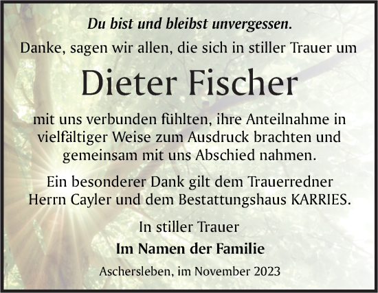 Traueranzeige von Dieter Fischer von Trauerkombi Aschersleben