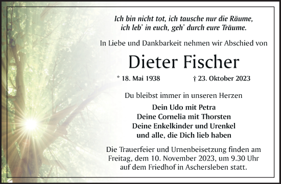 Traueranzeige von Dieter Fischer von Trauerkombi Aschersleben
