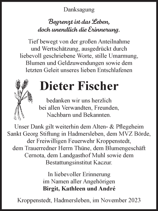 Traueranzeige von Dieter Fischer von Volksstimme Oschersleben/Wanzleben