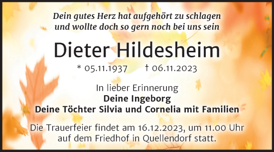 Traueranzeige von Dieter Hildesheim von Trauerkombi Dessau