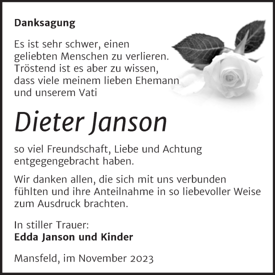 Traueranzeige von Dieter Janson von Trauerkombi Mansfelder Land