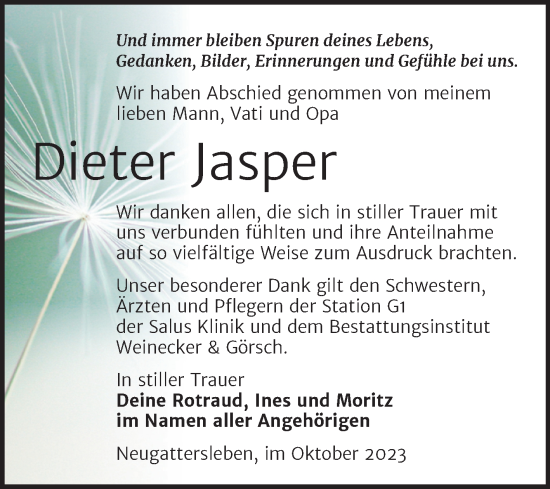 Traueranzeige von Dieter Jasper von Trauerkombi Bernburg