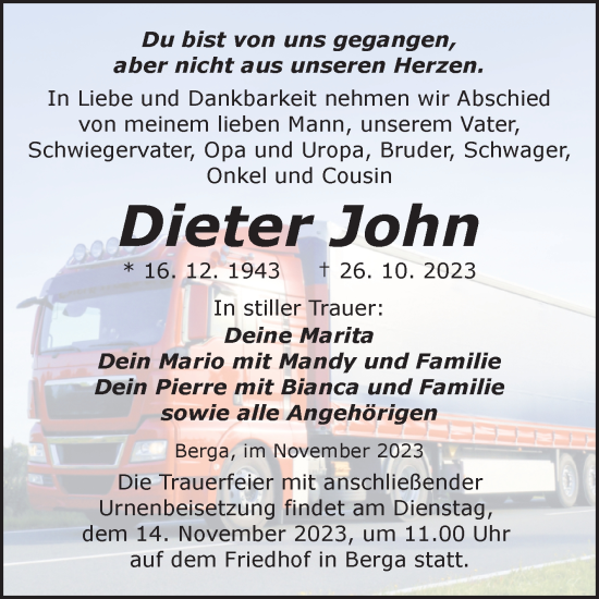 Traueranzeigen von Dieter John www.abschiednehmen.de