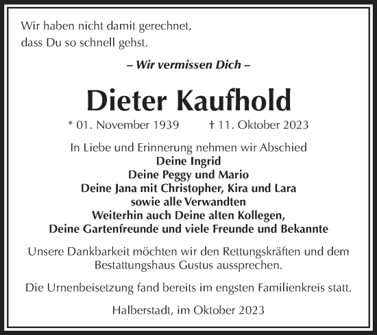 Traueranzeige von Dieter Kaufhold von Volksstimme Halberstadt