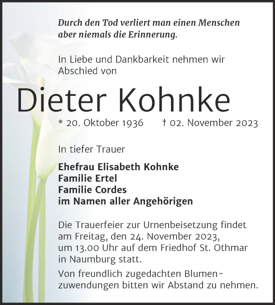 Traueranzeige von Dieter Kohnke von Wochenspiegel Naumburg/Nebra
