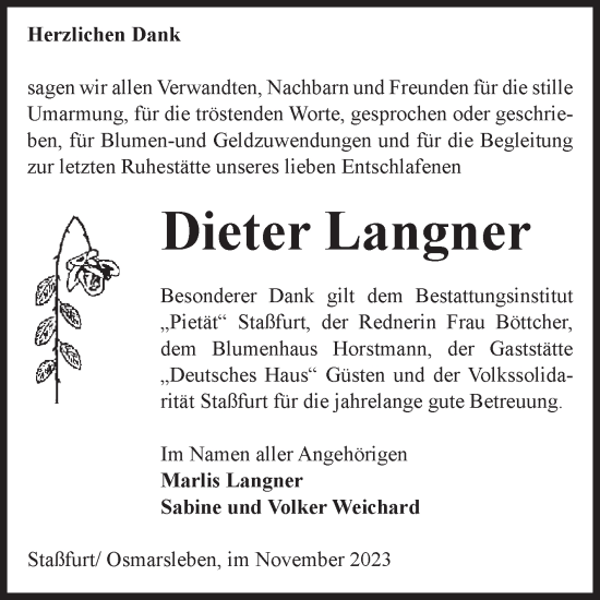 Traueranzeige von Dieter Langner von Volksstimme Staßfurt