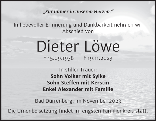 Traueranzeige von Dieter Löwe von Trauerkombi Merseburg