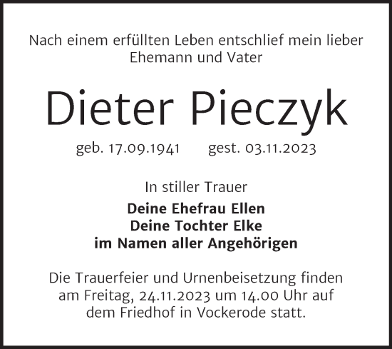 Traueranzeige von Dieter Pieczyk von Trauerkombi Wittenberg