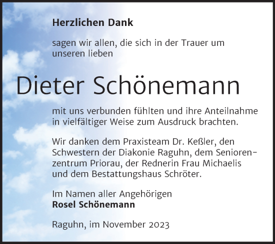 Traueranzeige von Dieter Schönemann von Trauerkombi Bitterfeld