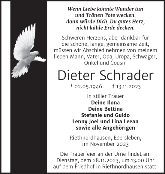 Traueranzeige von Dieter Schrader von Trauerkombi Sangerhausen