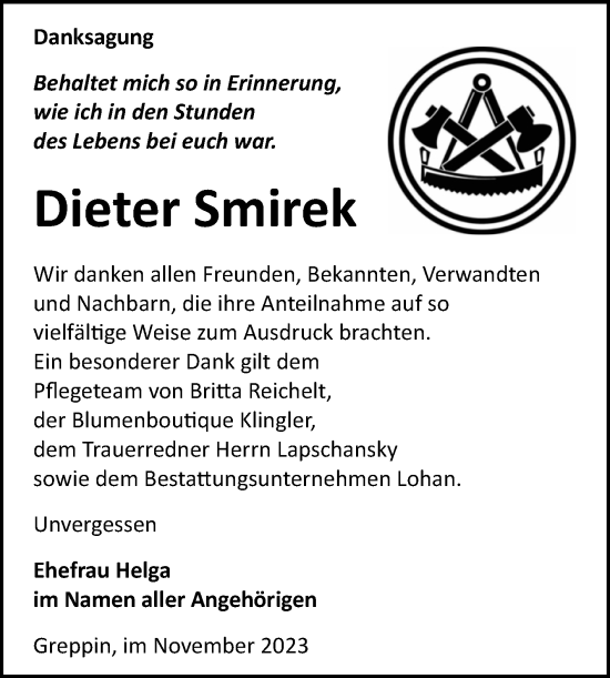 Traueranzeige von Dieter Smirek von Trauerkombi Bitterfeld