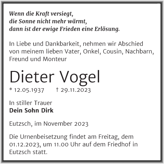 Traueranzeige von Dieter Vogel von Trauerkombi Wittenberg