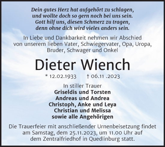 Traueranzeige von Dieter Wiench von Trauerkombi Quedlinburg