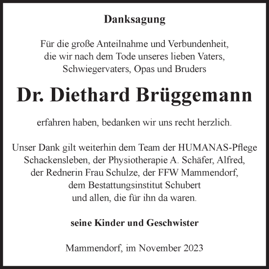 Traueranzeige von Diethard Brüggemann von Volksstimme Oschersleben/Wanzleben