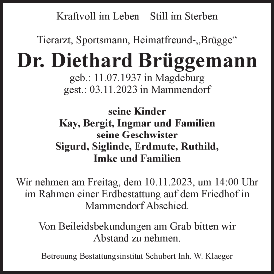 Traueranzeige von Diethard Brüggemann von Volksstimme Oschersleben/Wanzleben