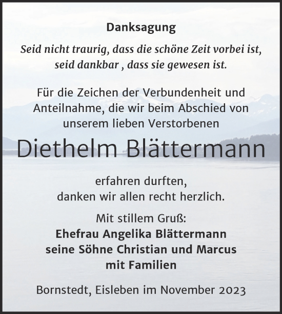 Traueranzeige von Diethelm Blättermann von Trauerkombi Mansfelder Land