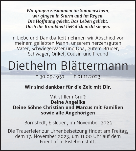 Traueranzeige von Diethelm Blättermann von Trauerkombi Mansfelder Land