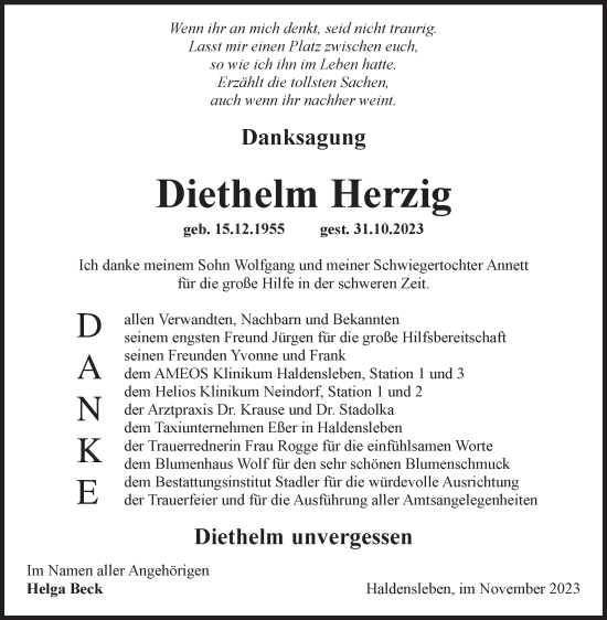 Traueranzeige von Diethelm Herzig von Volksstimme Haldensleben/Wolmirstedt
