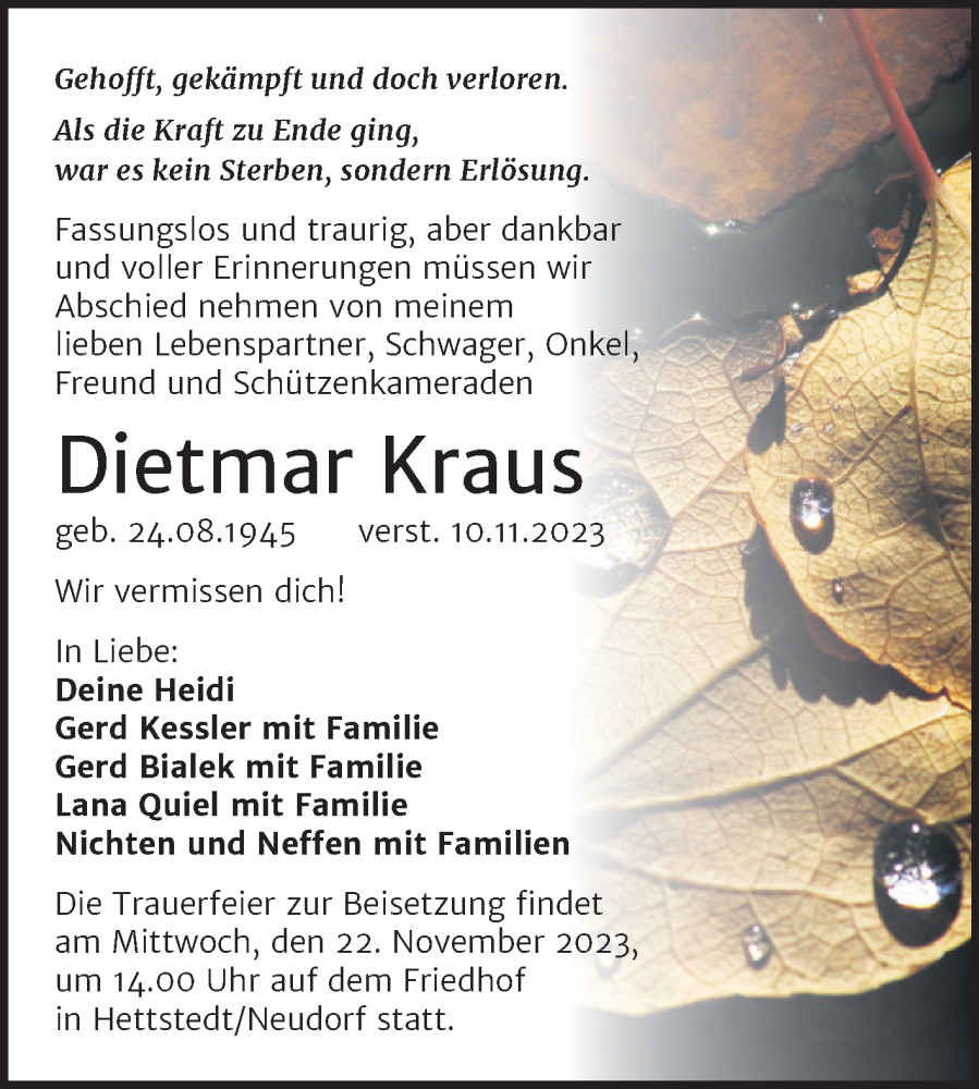 Traueranzeige für Dietmar Kraus vom 17.11.2023 aus Trauerkombi Mansfelder Land