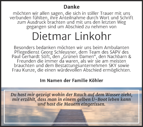 Traueranzeige von Dietmar Linkohr von Trauerkombi Wittenberg