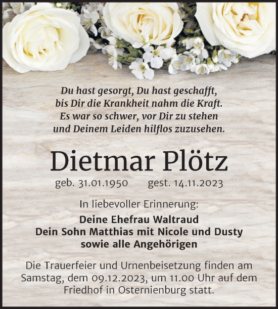 Traueranzeige von Dietmar Plötz von Trauerkombi Köthen