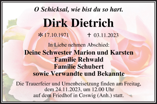 Traueranzeige von Dirk Dietrich von Trauerkombi Dessau