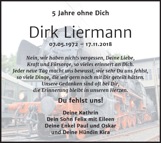 Traueranzeige von Dirk Liermann von Trauerkombi Wittenberg