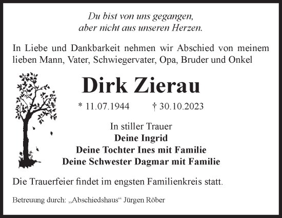 Traueranzeige von Dirk Zierau von Volksstimme Magdeburg