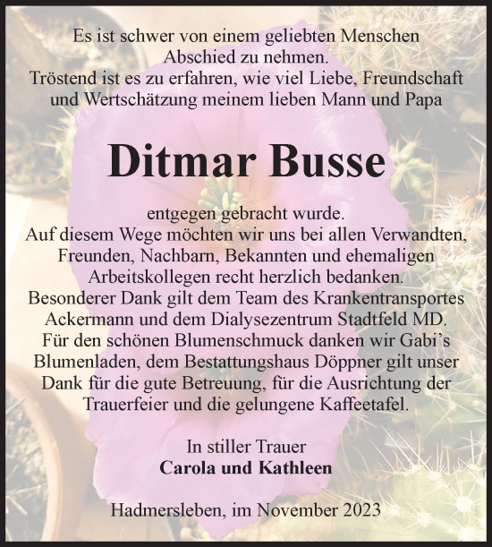 Traueranzeige von Ditmar Busse von Volksstimme Oschersleben/Wanzleben