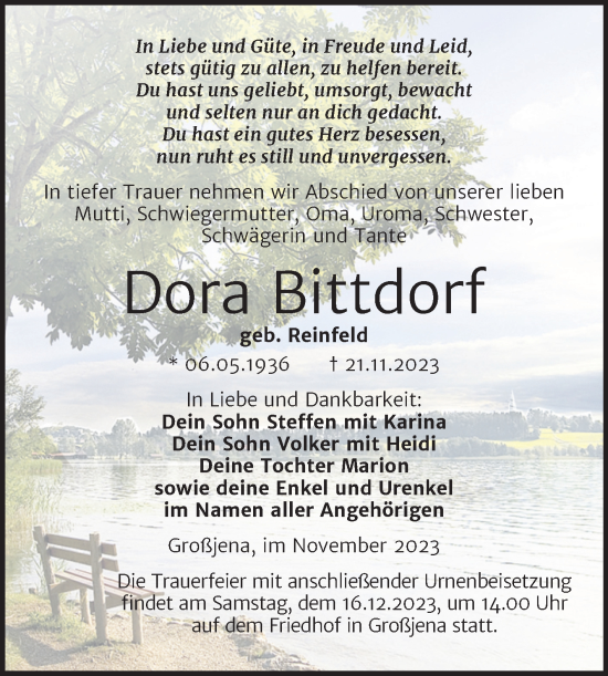 Traueranzeige von Dora Bittdorf von Wochenspiegel Naumburg/Nebra