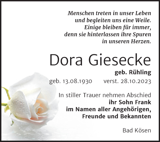 Traueranzeige von Dora Giesecke von Wochenspiegel Naumburg/Nebra