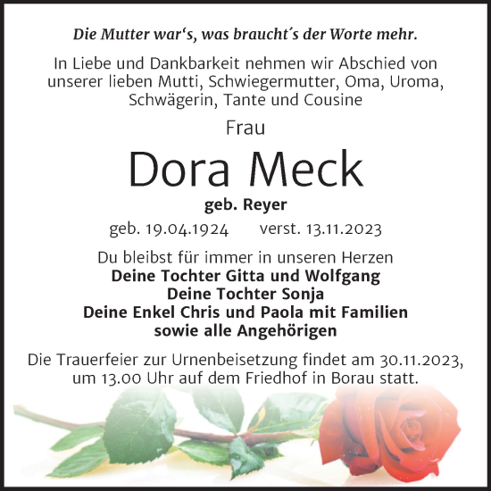 Traueranzeige von Dora Meck von Trauerkombi Weißenfels