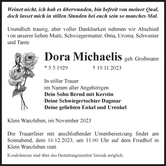 Traueranzeige von Dora Michaelis von Volksstimme Oschersleben/Wanzleben