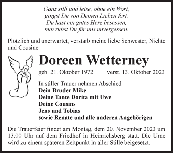 Traueranzeige von Doreen Wetterney von Volksstimme Haldensleben/Wolmirstedt