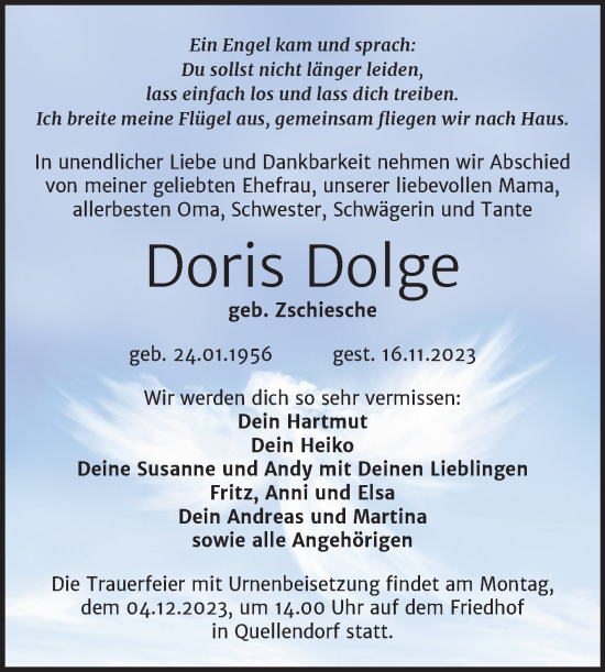 Traueranzeige von Doris Dolge von Trauerkombi Bitterfeld