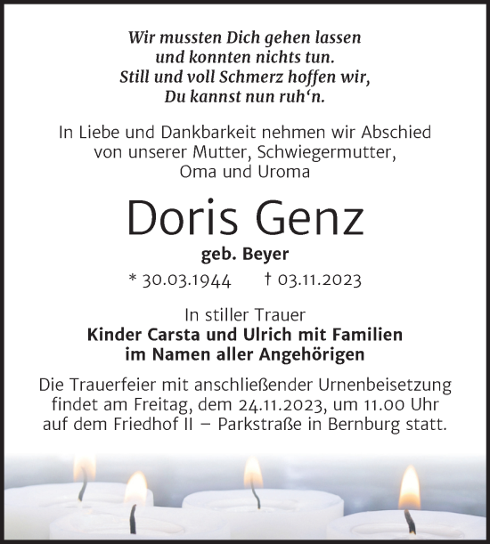 Traueranzeige von Doris Genz von Trauerkombi Bernburg