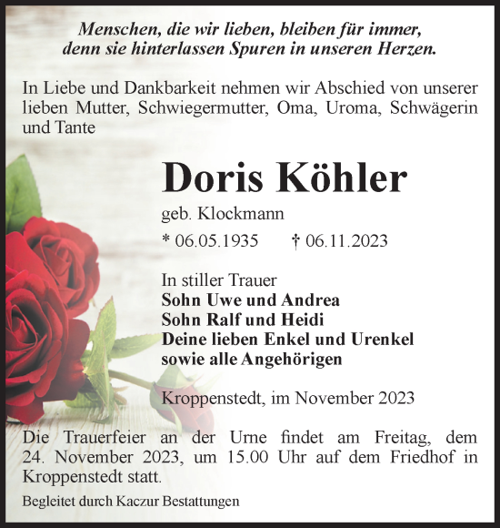 Traueranzeige von Doris Köhler von Volksstimme Oschersleben/Wanzleben
