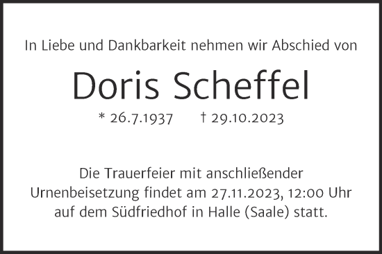 Traueranzeige von Doris Scheffel von Mitteldeutsche Zeitung Halle/Saalkreis