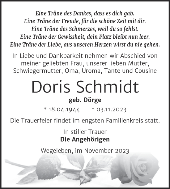 Traueranzeige von Doris Schmidt von Volksstimme Halberstadt