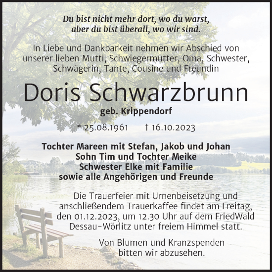 Traueranzeige von Doris Schwarzbrunn von Trauerkombi Wittenberg