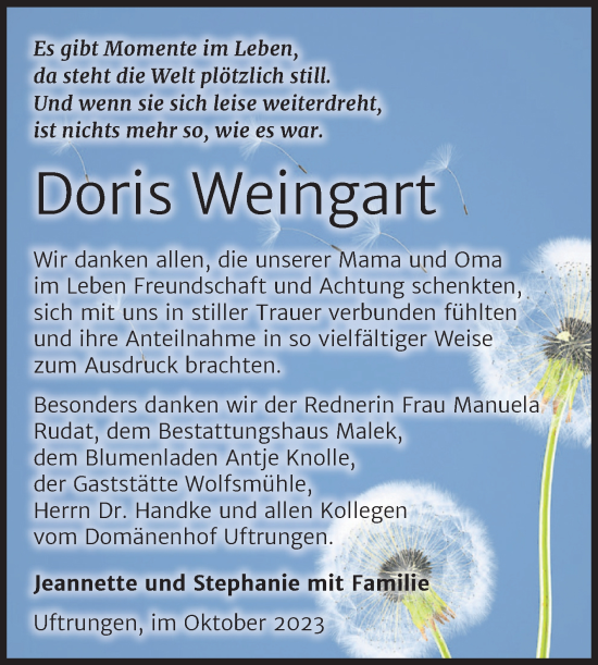 Traueranzeige von Doris Weingart von Trauerkombi Sangerhausen