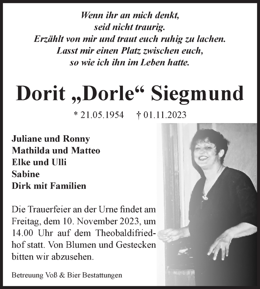  Traueranzeige für Dorit Siegmund vom 04.11.2023 aus Volksstimme Wernigerode