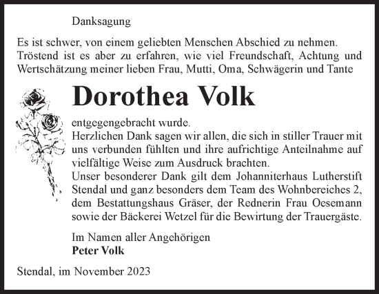 Traueranzeige von Dorothea Volk von Volksstimme Altmark Ost