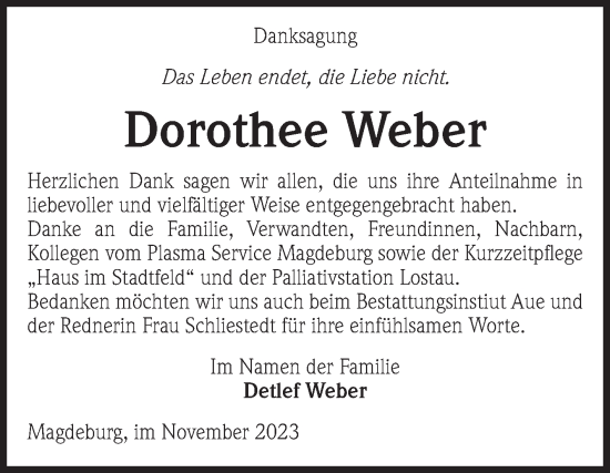 Traueranzeige von Dorothee Weber von Volksstimme Magdeburg